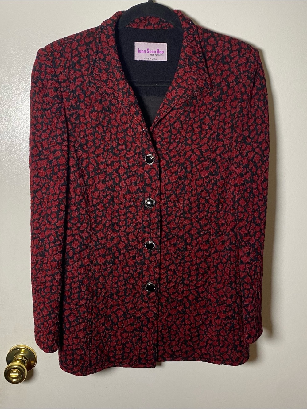 Vintage Jung Soon Bae Red Black Animal Print Blazer Jacket Knitted Coat Size S